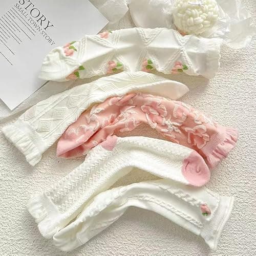 5 Pairs White Cute Socks, Women's Lace Ruffles Ankle Casual Sock, Cottagecore Breathable Mid Tube Socks, Floral Crew Socks thumbnail 5