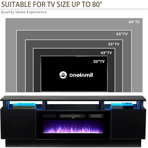 oneinmil 2 Tier TV Console Stand with 36" Electric Fireplace, LED Light Entertainment Center for TVs Up to 80" for The Living Room, 70", Black thumbnail 7