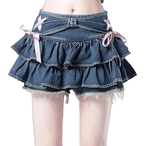 RILGOU Y2K Gothic Kawaii Elastic High Rise Ribbon Pleated Denim Short Skirt | Cutecore, Preppy Clothes, Cute Casual Style, Streetwear, Athleisure, Coquette, A Line, with Shorts Underneath, For Daily Wear - Image 1