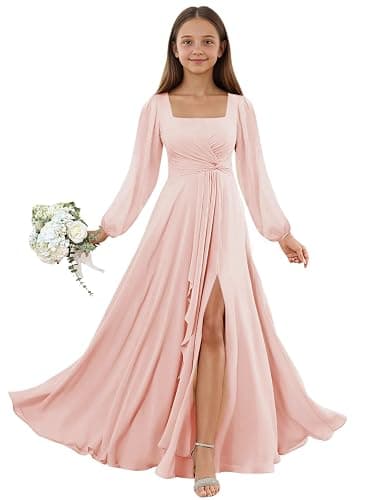 EVASIE Junior Bridesmaid Dresses Long Sleeve Chiffon Flower Girl Dress with Slit Square Neck Kids Prom Party Dress thumbnail 6