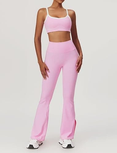 OMEWEE Yoga sets for women 2 piece Fashion contrasting lines Sports Bra and High Wasit Split hem Flared Leggings thumbnail 2