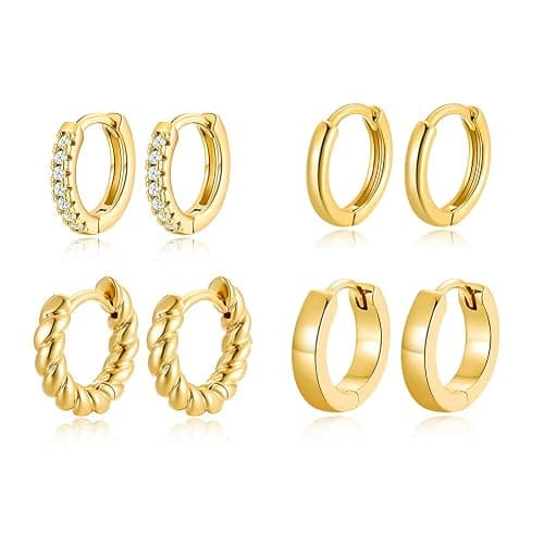 4 Pairs 14k Gold Hoop Earrings Set Twisted Glossy Zirconia Small Huggie Earrings For Multiple Piercing Cuff Cartilage Jewelry For Women Girls - Image 1