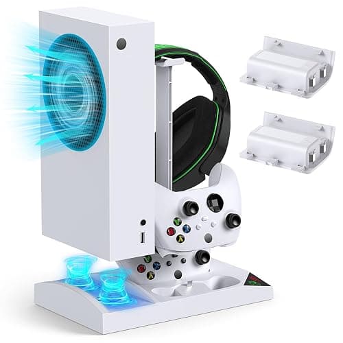 Charger Stand Cooling Fan for Xbox Series S Console/Controller,Dual Cooler System Charging Dock Accessories with 2*Rechargeable Battery,Earphone Mounts, Brackets&Stands for Xbox Series S Protectors - Image 1