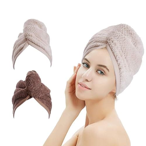 M-bestl 2 Pack Hair Drying Towels,Hair Wrap Towels,Absorbent Microfiber Hair Towel Turban with Button Design to Dry Hair More Quicker（Khaki&Coffee） - Image 1