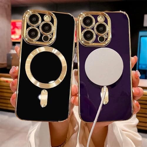 OOK Magnatic Case for iPhone 15 Pro Max Case [Compatible with MagSafe] Full Camera Lens Protector Gold Electroplate Edge Soft TPU Shockproof Protective Phone Case for Women Men 6.7 Inch - Wihte thumbnail 3