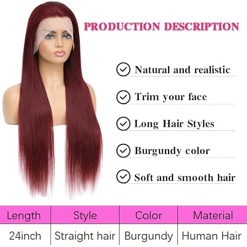 ULRICA Burgundy Human Hair Wig 99J Burgundy Lace Front Wigs Human Hair Wigs for Black Women 24 Inch 13x4 HD Lace Straight Burgundy Wig Pre Plucked Red Lace Front Wigs 180% Density thumbnail 5