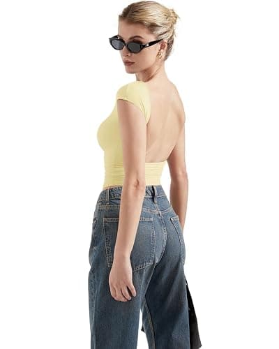 SUUKSESS Women Backless Sexy Going Out Tops Double Lined Open Back Y2k Basic Tee Shirts thumbnail 2