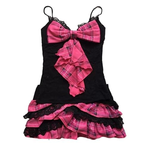 NIUVOO Women Y2k Lace Trim Spaghetti Strap Mini Dress 2000s Vintage Harajuku Pleated Scene Dress Party Club Emo Grunge Aesthetic Gyaru Clothes - Image 1