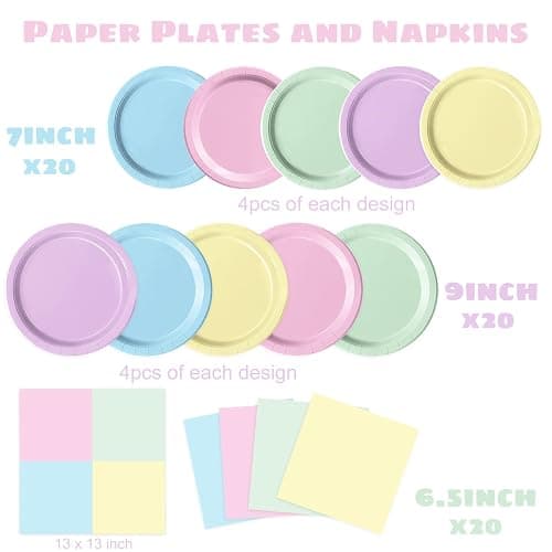 Oigco 60 PCS Pastel Paper Plates and Napkins, Pastel Party Decorations, Rainbow Paper Plates for Colorful Birthday Baby Shower Wedding thumbnail 3