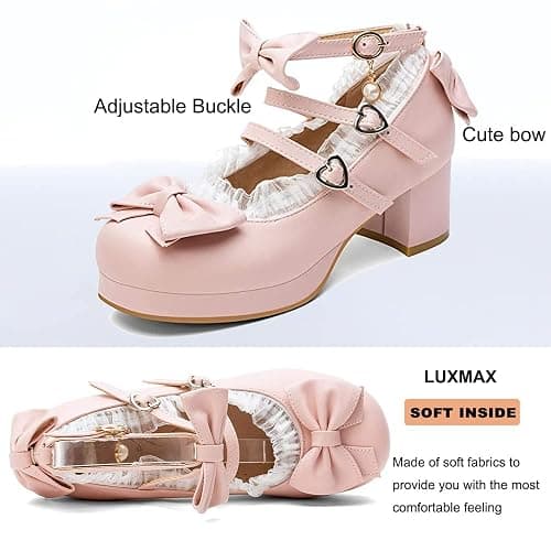 LUXMAX Women Cute Shoes Kawaii Pumps Mid Block Heel Mary Janes Platform Sweet Cosplay Dress Shoes Strappy Ankle Strap Pumps with Bow - 8.5 - Pink thumbnail 3
