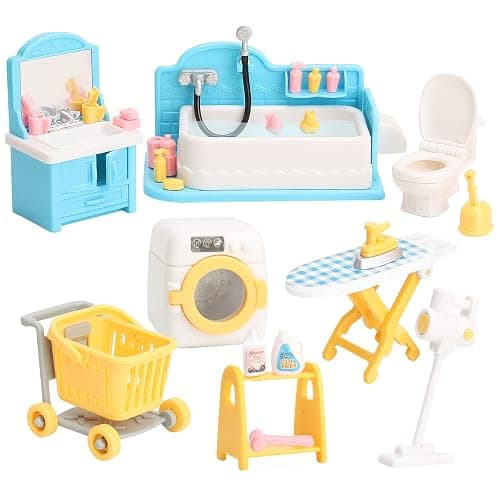 Dollhouse Furniture Set for Kids Toys Miniature Doll House Accessories Pretend Play Toys for Boys Girls & Toddlers Age 3+ with Bathroom - Image 1