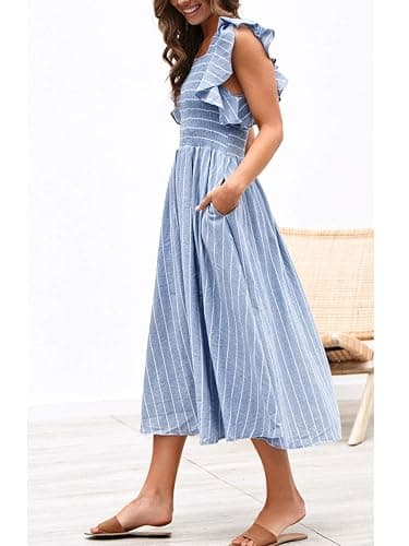 Miessial Womens Summer Smocked Midi Dress Casual Flutter Sleeve Long Boho Flowy A Line Church Modest Dresses with Pockets thumbnail 2