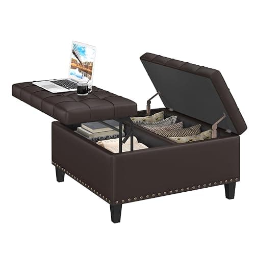 FiveWillowise Square Leather Ottoman with Storage, Faux Leather Coffee Table with Lift Top,Large Upholstered Footrest Stool Toy Box Storage Bench for Bedroom Living Room, Chocolate thumbnail 9