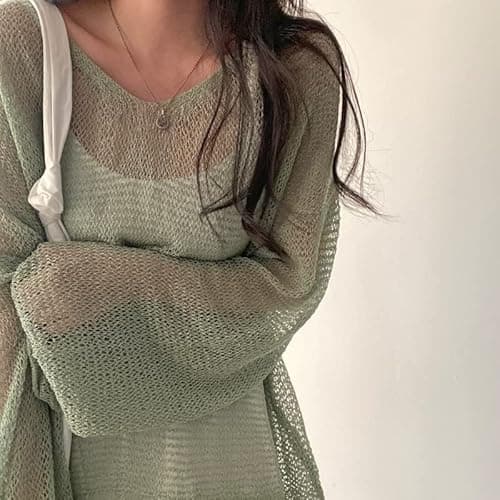 Sumleno 2025 Fairycore Cottagecore Clothing Fairy Grunge Aesthetic Crochet Top for Women Knitted Hollow Out Sweater Pullover - One Size - Green thumbnail 2