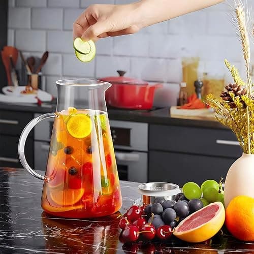 Home & Treat 1.8 Liter Glass Pitcher with Stainless Steel Lid Borosilicate Cold Hot Water Carafe Jug for Beverages Juice Iced Tea Wine Coffee Milk Dishwasher Safe thumbnail 2