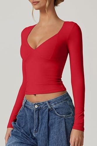 QINSEN Women's Long Sleeve V Neck T Shirts Double Lined Crop Top Seamed Cup Going Out Tops thumbnail 5