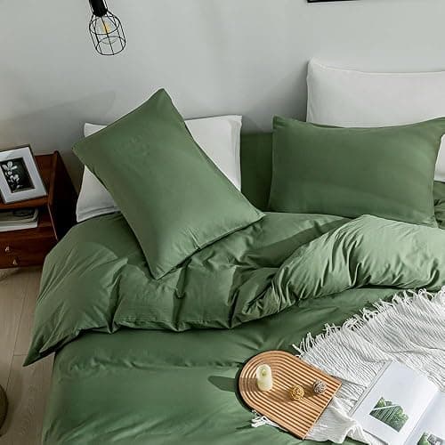 JELLYMONI Green Duvet Cover California King - 100% Washed Cotton Linen Like Textured Comforter Cover, 3 Pieces Breathable Soft Bedding Set with Zipper Closure (Green,Cal King 104"x98") thumbnail 2