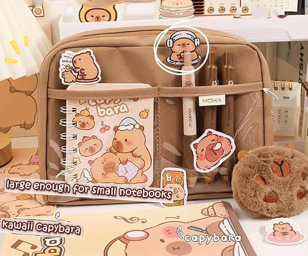 NAPIMICO Cute Capybara Pencil Case with 12 Compartments 90° Wide Opening Mouth Pencil Pouch with Kawaii Pins Plush Cute Stationery (Brown) thumbnail 7