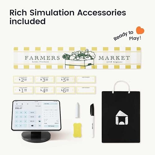 Tiny Land Wooden Play Store Pretend Grocery Store Role Play Toy | Pretend Farmers Market & Coffee Shop with Cash Register, DIY Price Tags, Chalkboard for Toddlers thumbnail 8