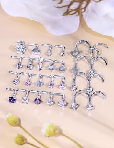 Kridzisw 18G 20G Nose Rings Studs Hypoallergenic 316L Surgical Steel L Shaped Screw Nose Rings Hoops Silver Heart Star Diamond Nose Piercing Jewelry for Women Men 42pcs thumbnail 3