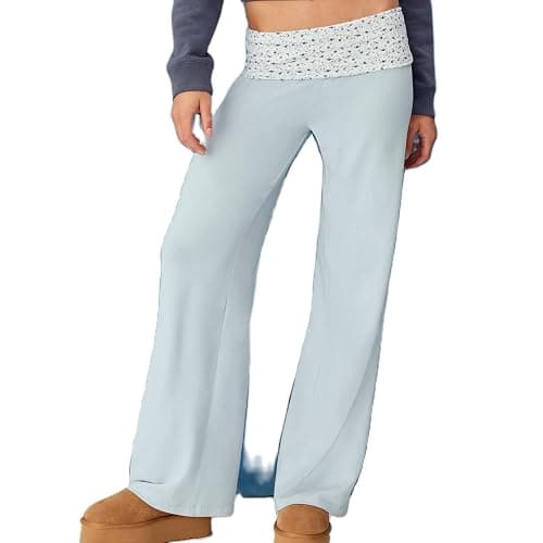 Yoawdats Fold Over Yoga Pants for Women Wide Leg Sweatpants Low Rise Flare Lounge Pant Bell Bottoms Y2K Foldover Pants thumbnail 2