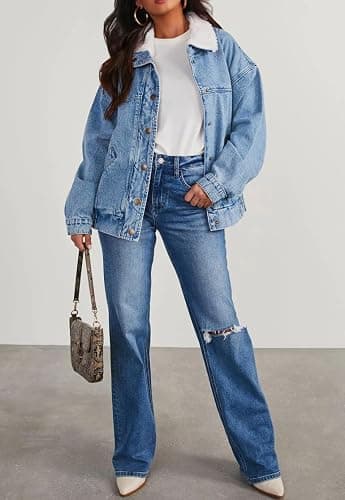 chouyatou Women's Warm Sherpa Collar Denim Jacket Faux Fur Collar Denim Coat Trucker Jacket thumbnail 5