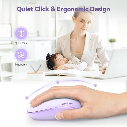TECKNET Wireless Mouse, 2.4G Quiet Computer Mouse with USB Receiver, 4 Buttons Portable Cordless Mice for Chromebook, Laptop, PC, Mac, 800/1200/1600 DPI - Purple thumbnail 3