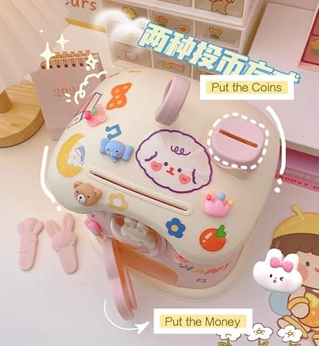 Kawaii Mushroom House Piggy Bank with Key and 3D Stickers Kids Teen Girls Money Saving Box Deposit Box Cute Kawaii Storage Box Desk Organizer Back to School Supplies (Pink) thumbnail 3