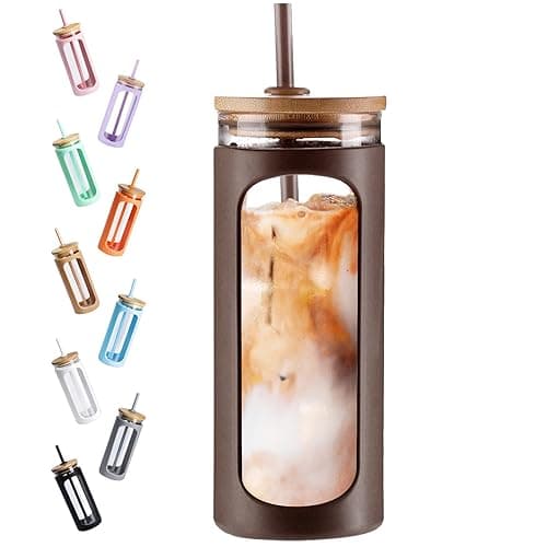 Kodrine 20oz Glass Tumbler with Straw and Lid, Iced Coffee Cups with Bamboo Lids, Glass Cups for Cold Drinks, Smoothie Cup with Silicone Sleeve for Travel, Work, BPA FREE-Brown - Image 1