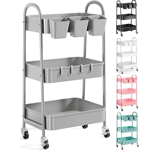 3 Tier Gray Metal Rolling Cart, Mesh Storage Cart with Handle and Lockable Wheels, Multifunctional Three Tiered Utility Organizer Carts for Kitchen, Office, Bathroom, Craft, Art, Snack, Baby Supplies - Image 1