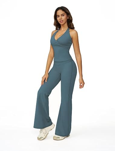 Womens Two Piece Workout Sets Wrap Halter Tank Top Matching High Waist Flared Leggings Yoga Pilates Outfits thumbnail 3