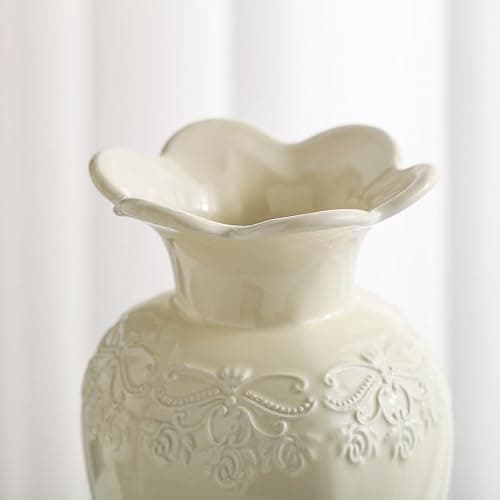 Seasonsplan Relievo Elegant White Cream 8in 11in Ceramic Flower Tall Aesthetic Beige Table Tulip Wide Mouth Rose Filler Decorative Rustic Vase Decor for Home (Cream Vase, L) thumbnail 6