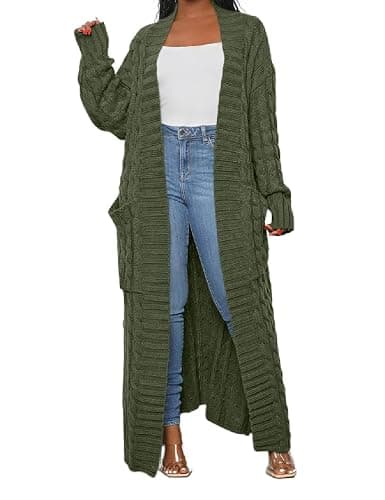 HRESSLBD Womens Thin Stylish Cable Knit Dual Extra Long Maxi Cardigan with 2-Pockets - Image 1
