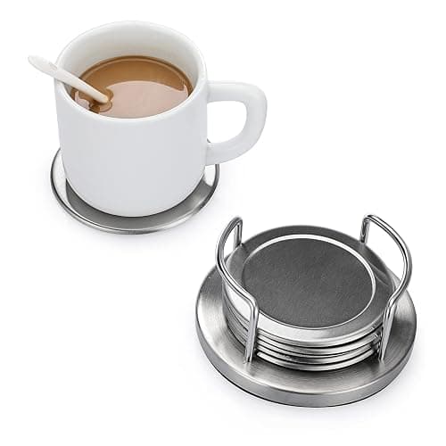 JUXYES Set of 6 Stainless Steel Round Coasters with Holder & Sponge Bottom, Silver Metal Cup Coasters Set Stunning Cool Coaster Cups Mats Decor for Restaurant Kitchen bar Dining Table thumbnail 4