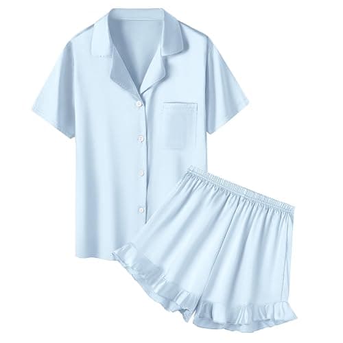 QZH.DUAO Girls Satin Pajamas Set Button Down Silk 2 Piece Pj Sets Ruffle Short Sleeve Sleepwear - Image 1