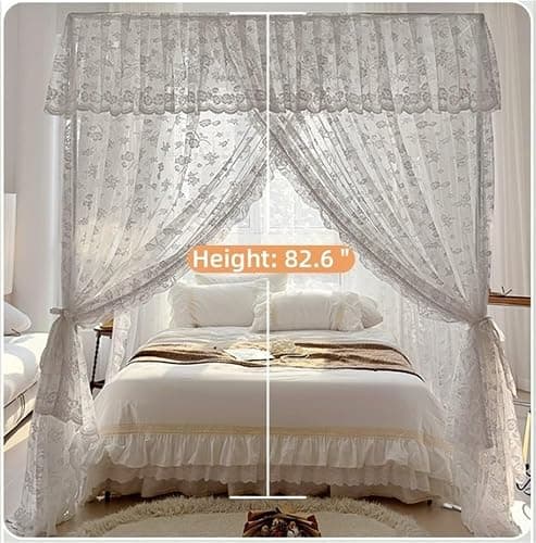 VHBVDFC Lace Three-Door Bed Curtains, Extended Floor-Length Bed Canopy, Mosquito Net with Metal Brackets, Four-Corner Bed Covers(White,Large) thumbnail 3