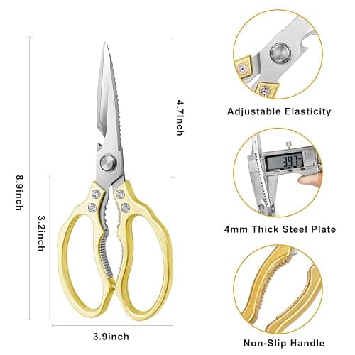 AWinjoy Kitchen Scissors, Heavy Duty Sharp Shears Dishwasher Safe, Kitchen Accessories Cooking Shears for Meat Chicken Fish Poultry Herb Bread (gold) thumbnail 3