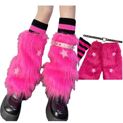 CHERSE Furry Leg Warmers for Women 3in1 Kawaii Star Bone Plush Y2K Leg Socks Pink Lolita Faux Fur 80s Harajuku Punk Gothic - Image 1