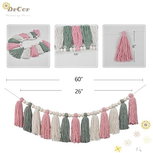 DrCor Pastel Tassel Garland – Pink & Sage Green Boho Spring Garland for Nursery, Classroom Decor, Baby Shower, Kids Room, Birthday Party, Dorm & Home Wall Hanging thumbnail 3