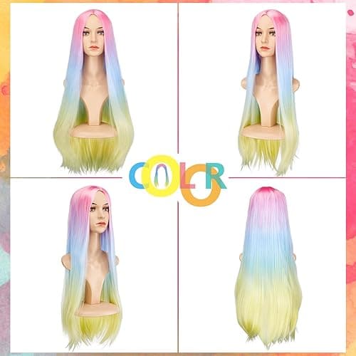 AGPTEK 27.5 Inch Long Rainbow Wig for Women Halloween Cosplay - Vibrant Rainbow Shades Perfect for Halloween and Cosplay Characters - Long Straight Wig thumbnail 5