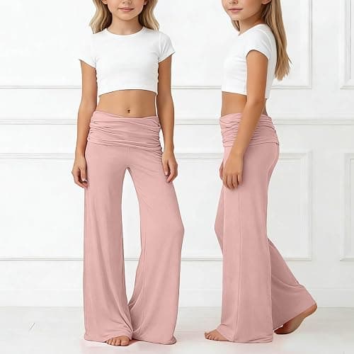 Coral Fold Over Yoga Pants Mädchen, Weite Lounge Hose Mit Raffung, Loose Fit Uni Corals Pants 2026 Coral Fold-Over-Yogahose, Weite Palazzo Hose Mit Hohem Umschlagbund,Korallfarbene Faltenhose thumbnail 3