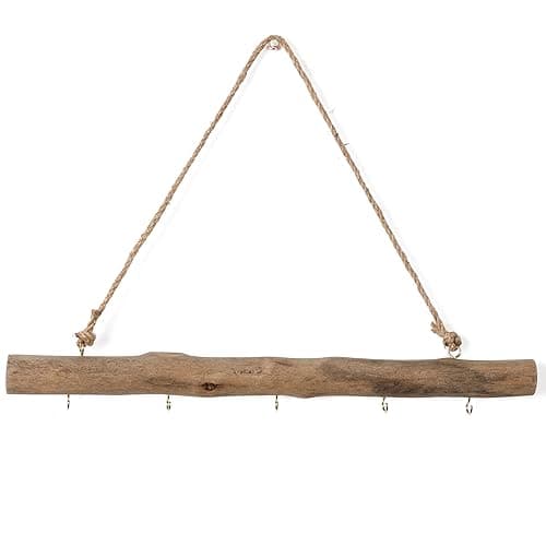 BYHER 15-Inch Driftwood Wall Hanging Jewelry Hanger - Rustic Wood Logs Hanging Branch Decor with 5 Hooks, Handcrafted from Natural Drift Wood Pieces for Crafts (Rustic) - Image 1