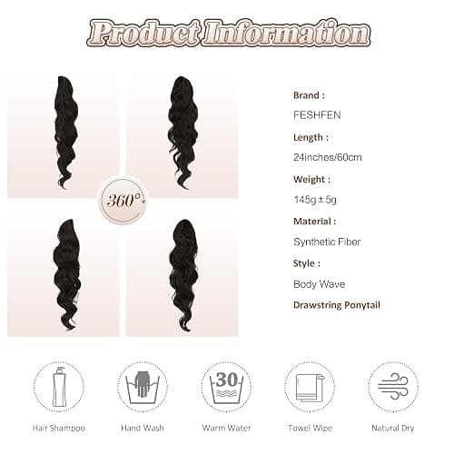 FESHFEN Pferdeschwanz Haarteil Haarverlängerung mit Kordelzug Pferdeschwanz Verlängerung Synthetik Wellig Locken Haarteil Natürliches Schwarz Ponytail Extension für Frauen 60cm thumbnail 5
