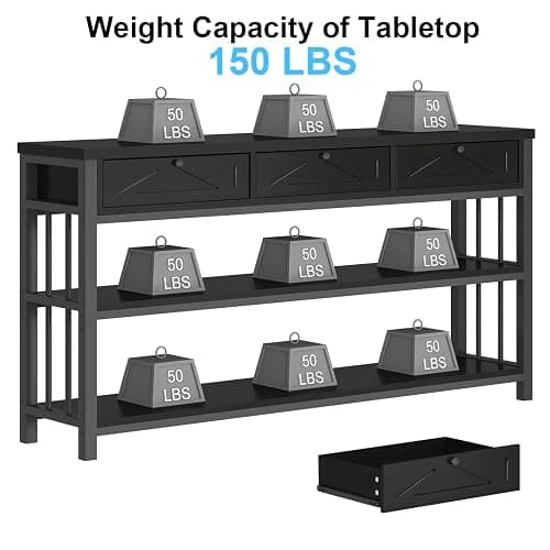 HSH Black Entryway Table with Drawers, 55” Sofa Table with Storage for Living Room, 3 Tier Console Tables with Shelves for Entrance, Wood Metal Entry Hallway Table Behind Couch, Black Oak, 55 Inch thumbnail 7