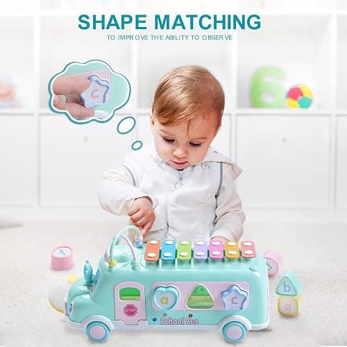 Baby School Bus Xylophone Toy for Toddlers 1-3, 5-in-1 Montessori Musical Bus Toys Gifts for 1 Year Old Baby Girl, Shape Sort Toys Knocking Xylophone Educational Instruments Birthday Gift Boy Girl thumbnail 7