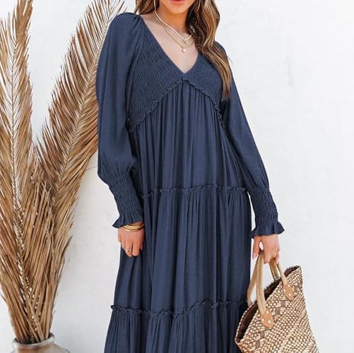 R.Vivimos Maxi Dress for Women Long Sleeve V Neck Empire Waist Layered Ruffle Boho Casual Flowy Long Dresses thumbnail 5