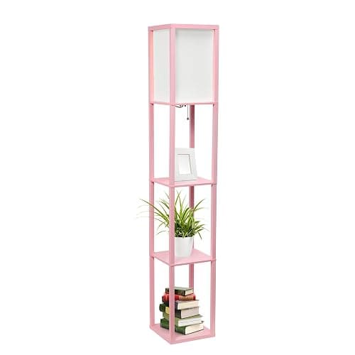 Simple Designs LF1014-LPK Etagere Organizer Storage Shelf Linen Shade Floor Lamp, Light Pink - Image 1