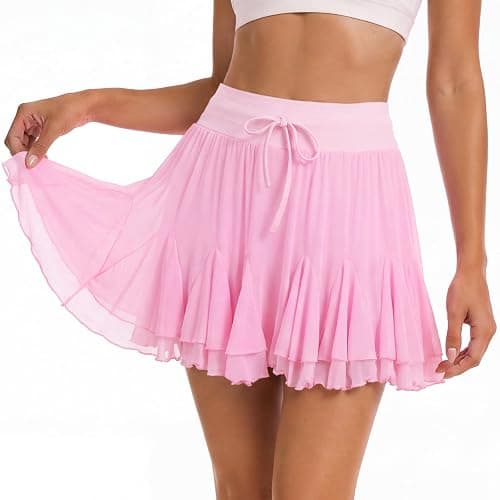 Aoysky Womens Ruffle Mesh Skirt with Shorts Double Layer High Waist Skort | Pleated flowy skort with pocket, elastic drawstring waist, tennis golf dance party dating mini skirt - Image 1