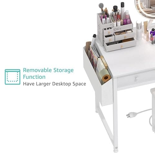 Lufeiya White Makeup Vanity Desk with Mirror and Lights, 40 inch Make Up Vanity Desks with Fabric Drawers & Power Outlet, Dressing Table and Chair Set for Girls Bedroom, White thumbnail 7