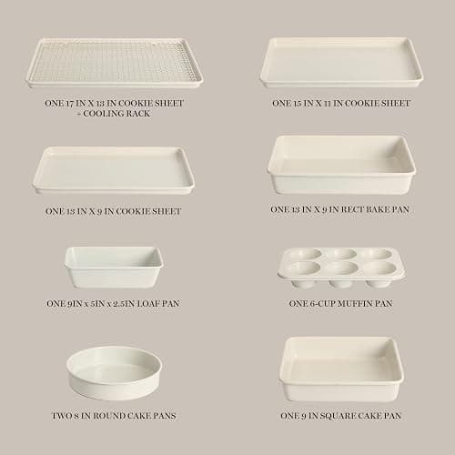 Martha Stewart Gallen 10 Piece Baking Pans Ceramic PFA Free Non Toxic Non Stick Bakeware Set - Linen White thumbnail 4